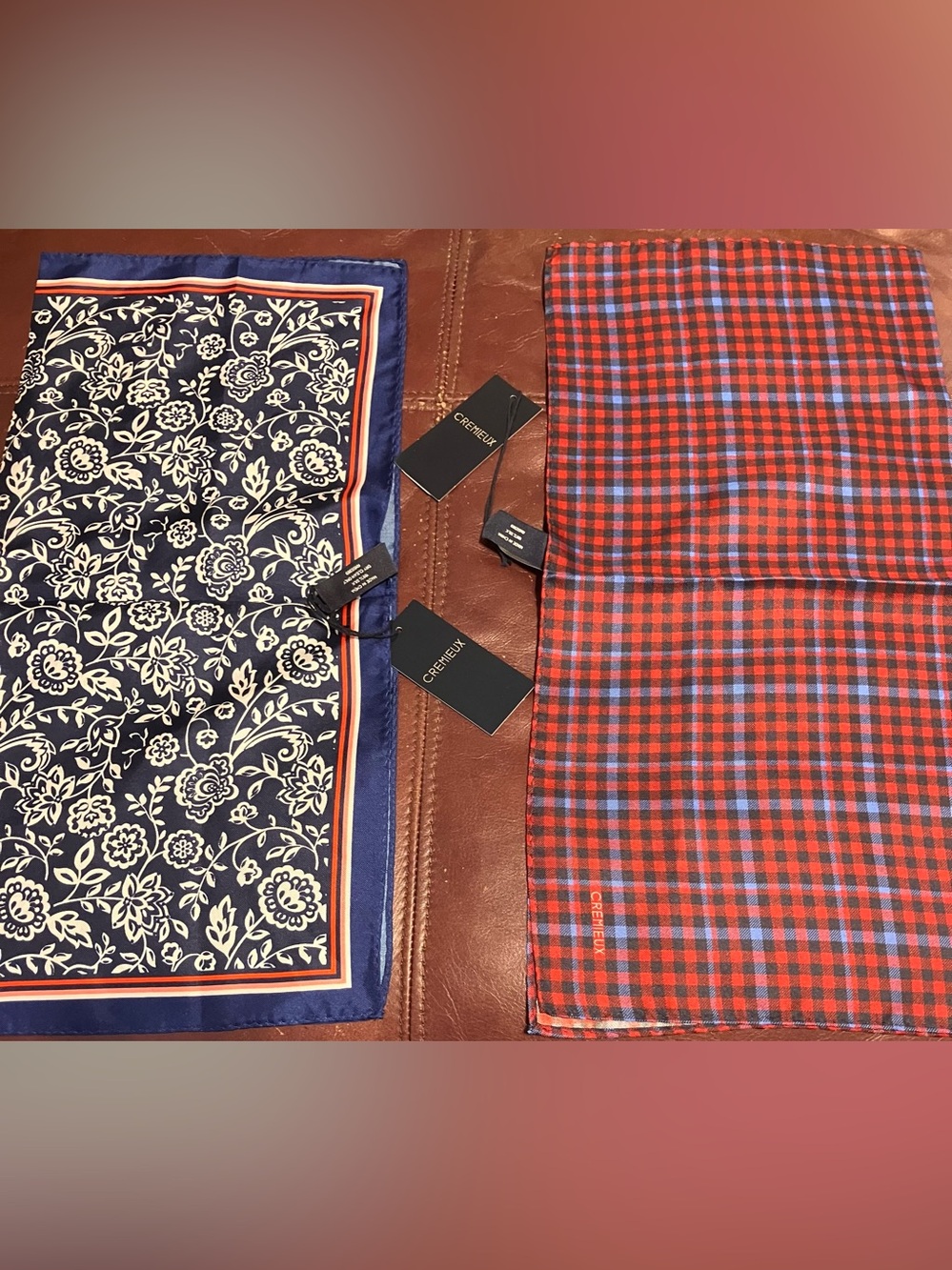 Daniel Cremieux Navy Floral & Red Plaid 16” Pocket Squares - Set of 2